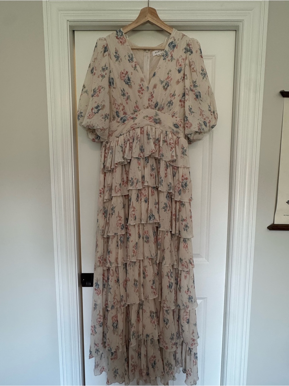 Floral Tiered Ruffle Maxi Dress - Cream with Pink & Blue Flowers